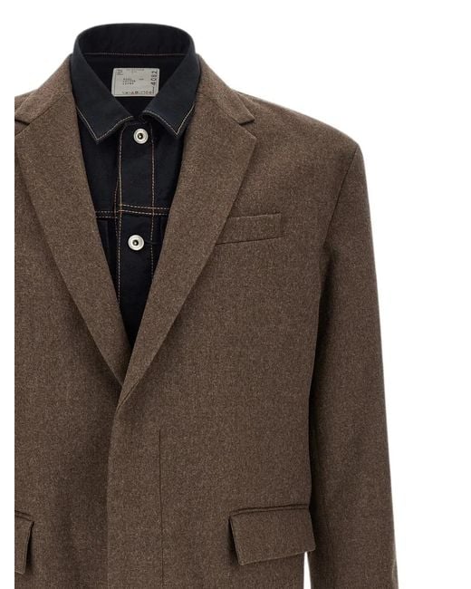 Sacai Brown Wool Flannel Denim Coat for men