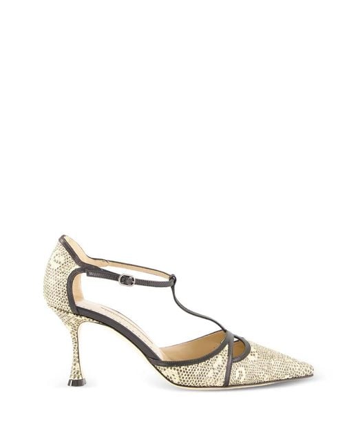 Manolo Blahnik Natural Gish Snakeskin-Effect Leather T-Bar Pumps