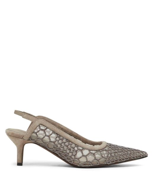 Brunello Cucinelli Brown Net-embroidery Suede Pumps