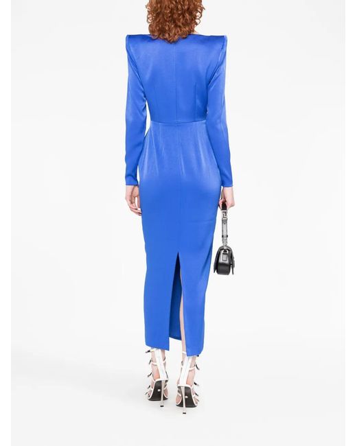 Alex Perry Blue Linden Crossover Strong-shoulder Satin Crepe Midi Dress