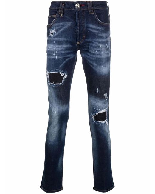 Philipp Plein Blue Super Straight Stonewash Distressed Jeans for men