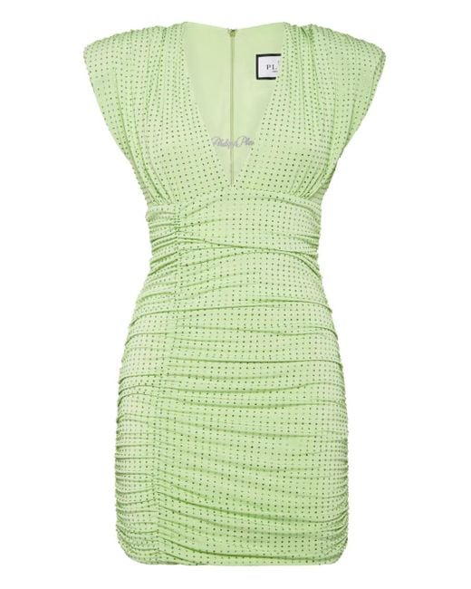 Philipp Plein Green Jersey Mini Dress Strass Signature