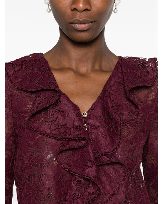 Self-Portrait Red Ruffled Lace-Overlay Top