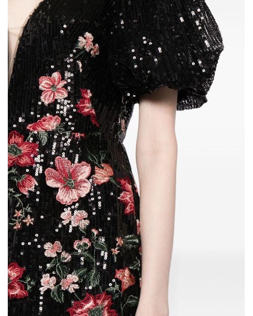 Marchesa Black Sequin-embellished Floral-appliqué Dress
