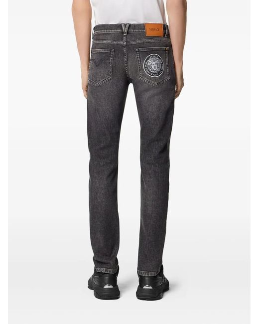 Versace Gray La Medusa Embroidery-Detail Jeans for men