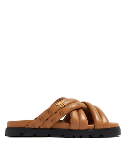 MCM Brown Visetos-Print Crossover Leather Slides