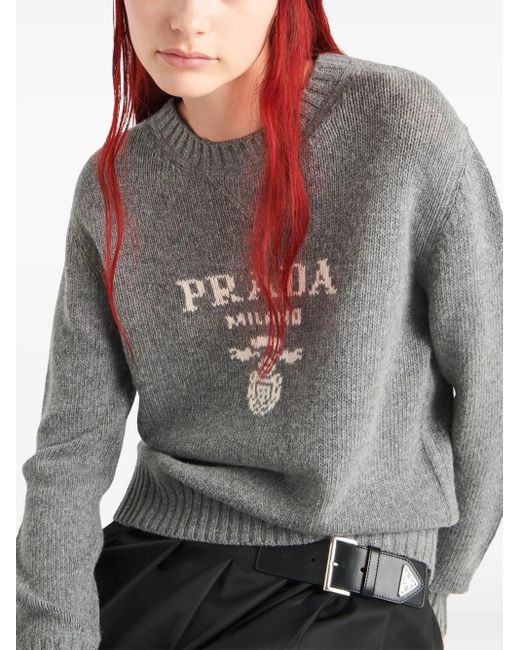 Prada Gray Logo-Intarsia Cashmere Sweater