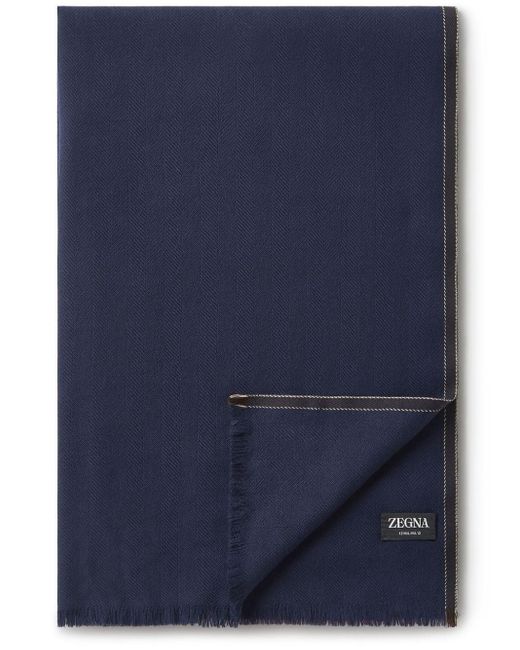 Zegna Blue Frayed-edge Wool Scarf for men