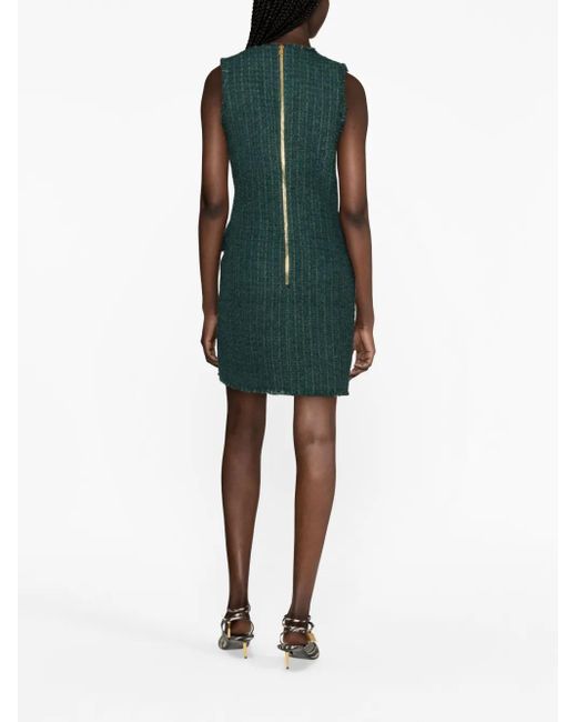 Balmain Green Button-embellished Tweed Mini Dress