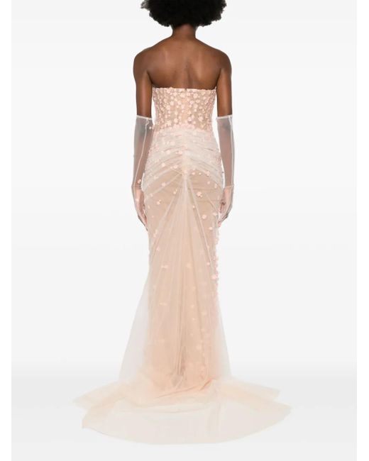 Jean Louis Sabaji Natural Floral-Appliqué Long Corset Dress