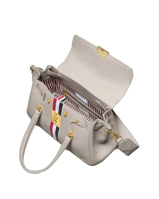 Thom Browne White Pebble-Grain Striped-Detail Tote Bag