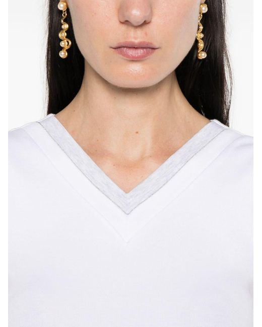 Peserico White Bead-embellished Fine-ribbed Top