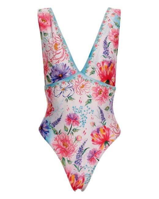 Agua Bendita Red Tulipa Floral-Print V-Neck Swimsuit