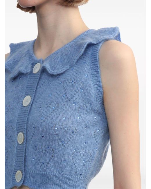 Alessandra Rich Blue Ruffled-neck Crop Knitted Top