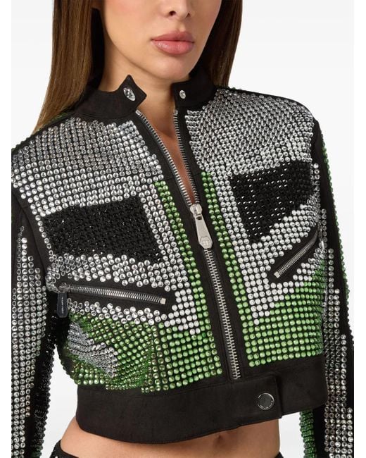 Philipp Plein Green Cropped Leather Biker Jacket Strass