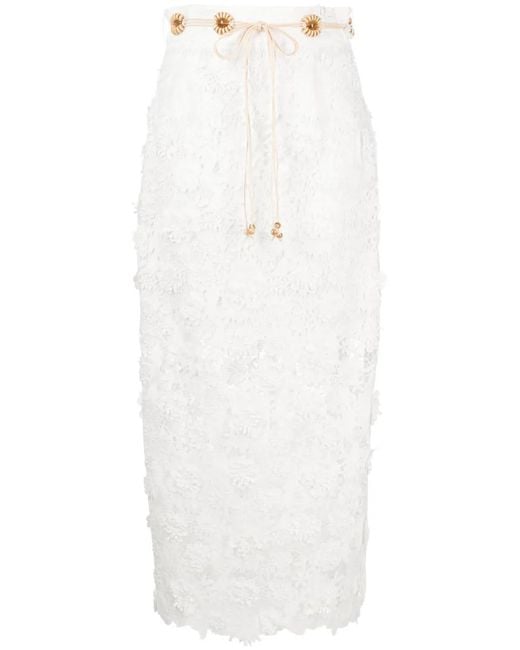 Zimmermann White Raie Belted Guipure Lace Midi Skirt