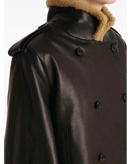 Khaite Black Dean Leather Double-Breasted Jacket With Lamb Shearling Collar