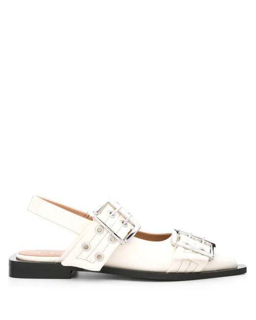 Ganni White Egret Slingback Ballet Flat Shoe With Buckles