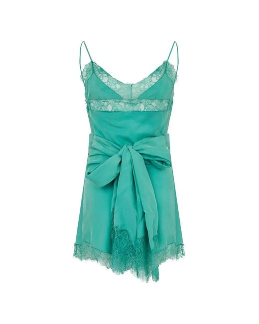 Alberta Ferretti Green Lace-Trim Silk Mini Dress