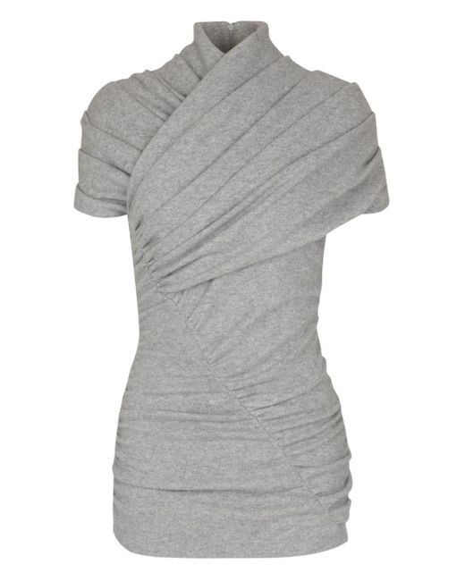 Balmain Gray Draped Short-Sleeve Knit Top
