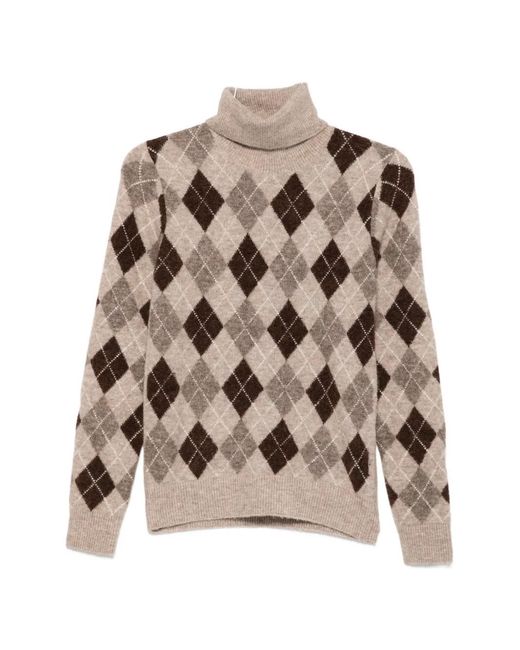 P.A.R.O.S.H. Brown Argyle-Knit Roll-Neck Sweater