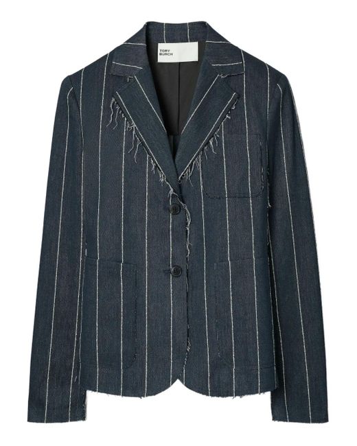 Tory Burch Black Pinstripe Frayed-Edge Blazer