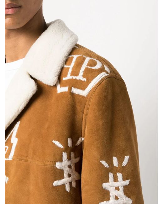 Philipp Plein Brown Logo-Embroidered Suede Coat for men