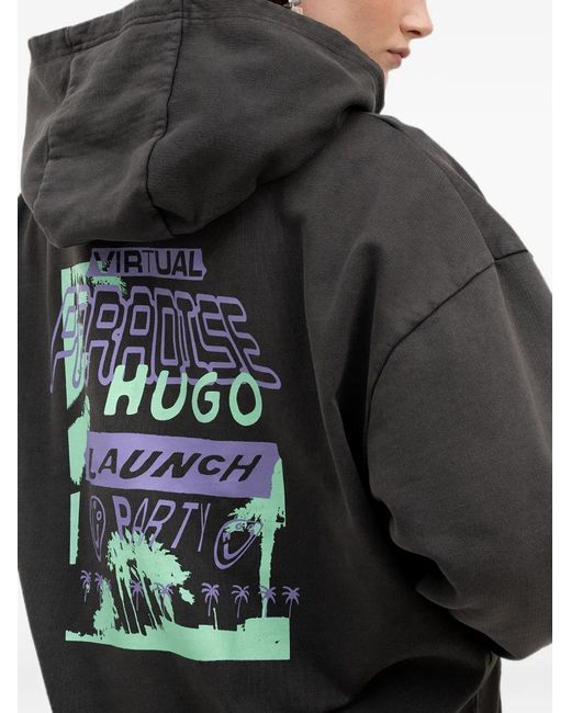 HUGO Black Graphic-Print Zip-Up Hoodie