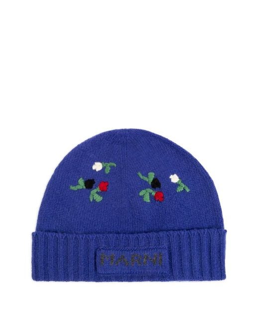 Marni Blue Bonnet En Laine À Broderie Florale Et Bord Côtelé for men