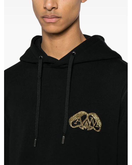 McQueen Black Half Seal Logo Cotton Hoodie for men