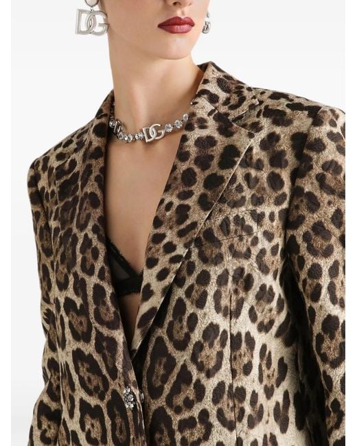 Dolce & Gabbana Natural Leo-Print Brocade Single-Breasted Coat With Jewel Buttons