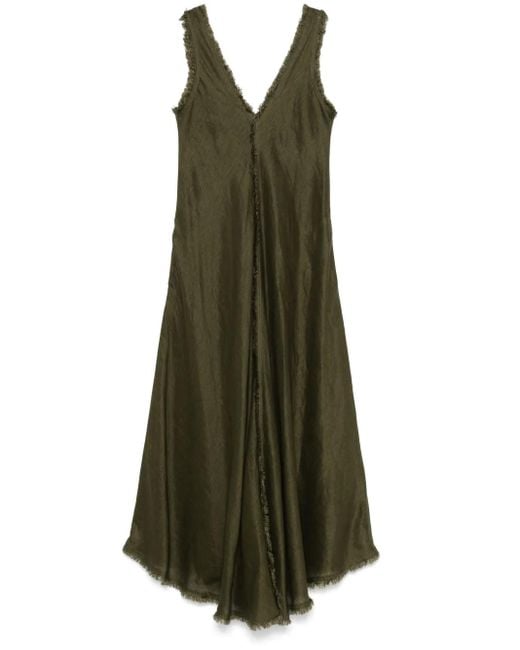 P.A.R.O.S.H. Green Fern Linen Maxi Dress With Deep V-Neck