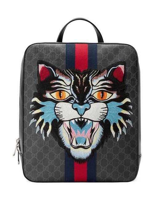 Gucci Black GG Supreme Backpack With Angry Cat for men
