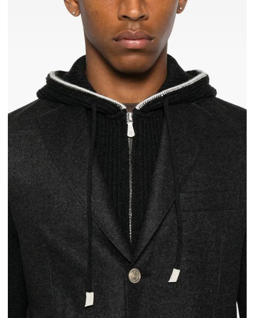 Eleventy Black Hooded Knit-Sleeve Jacket for men