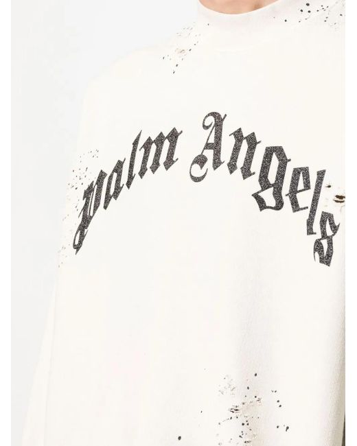 Palm Angels White Logo-print Distressed-finish Sweatshirt for men