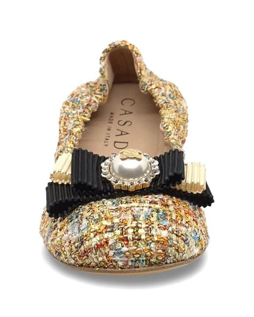 Casadei Metallic Tweed Bow-Detail Ballet Flats
