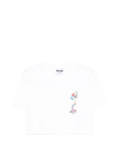 Moschino White Cropped T-Shirt With Playful Graphic Accents