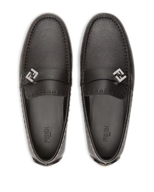 Fendi Gray Leather Ff Logo Loafers for men