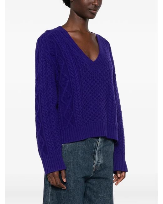 Bompard Purple Cable-Knit V-Neck Sweater