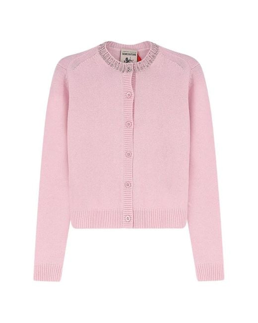 Semicouture Pink Hennie Crystal-Embellished Button-Up Cardigan