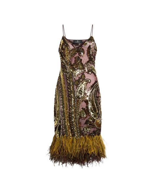 Etro Natural Dress With Sequins And Feather Details