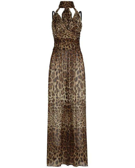 Dolce & Gabbana Natural Leopard-Print Halterneck Silk Gown
