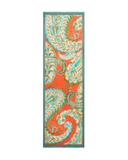 Etro Orange Paisley-Pattern Fringed Scarf