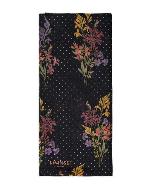 Twinset Black Floral-Print Polka-Dot Scarf