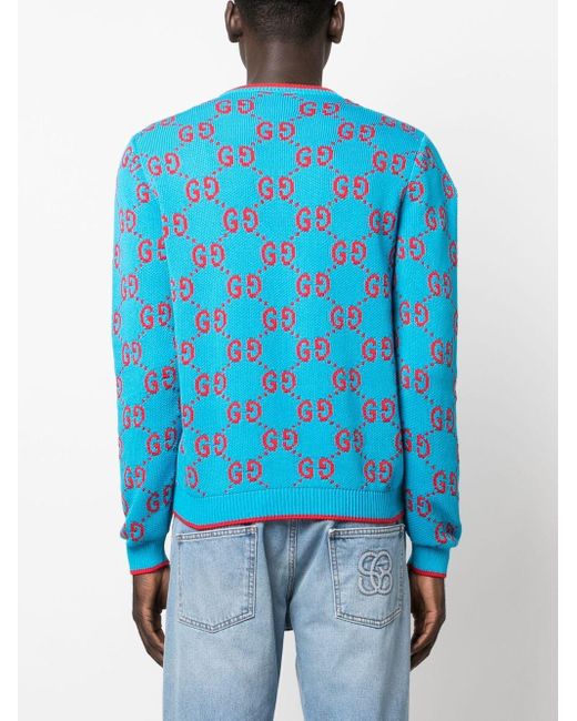 Gucci Blue GG Intarsia-knit Cotton Jumper for men