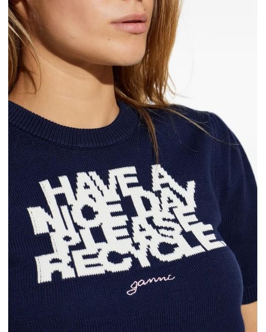 Ganni Blue Slogan-Print Puff-Sleeve T-Shirt