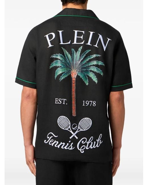 Philipp Plein Black Linen Bowling Shirt Plein Tennis for men