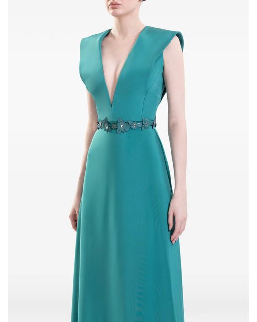 Saiid Kobeisy Blue V-Neck Floral-Belt Maxi Dress