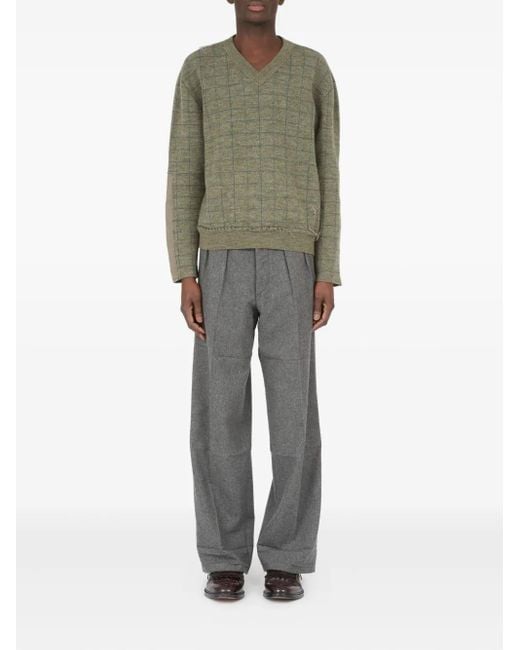 Maison Margiela Green V-Neck Grid-Pattern Wool Sweater for men