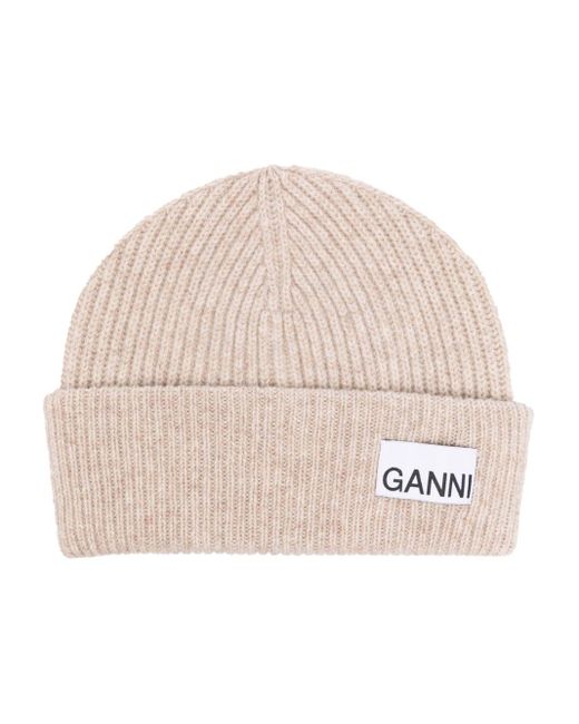 Ganni Natural Logo-patch Ribbed-knit Beanie